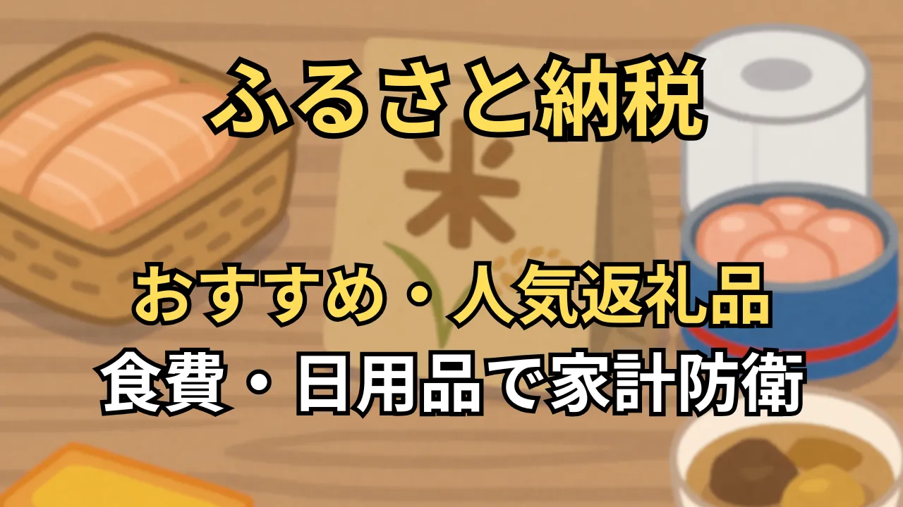 ふるさと納税のおすすめ人気返礼品を紹介するアイキャッチ画像。食費や日用品に役立つ返礼品で家計防衛を目指す内容。