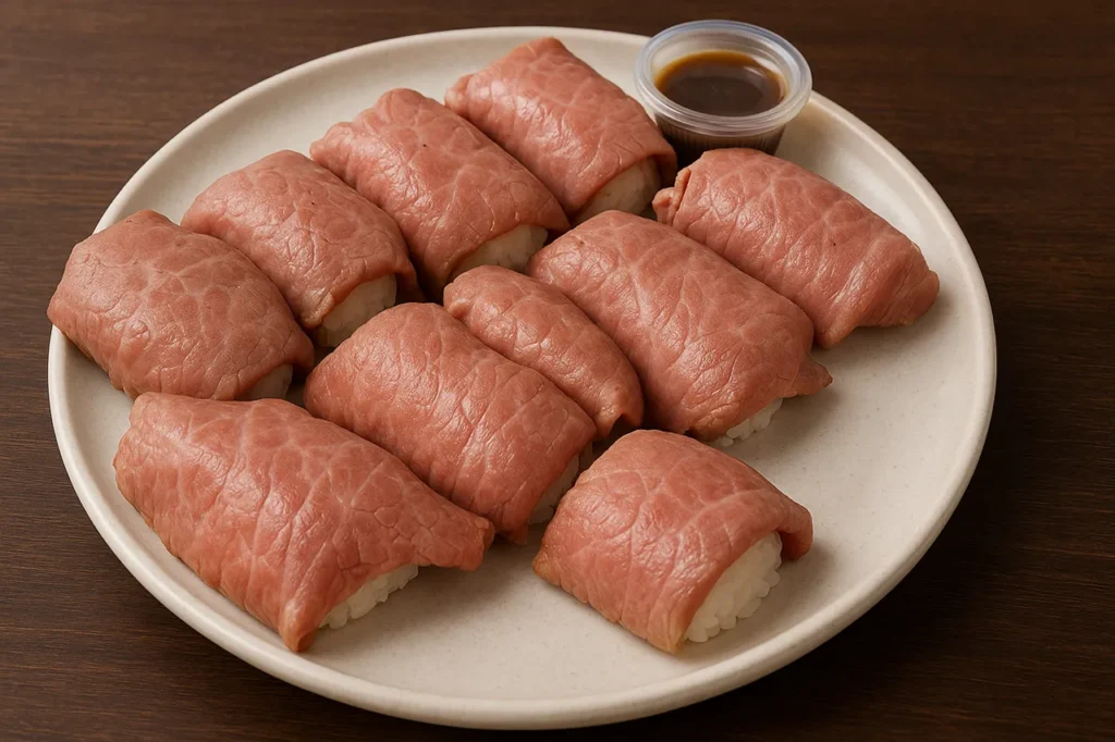 ロピアのローストビーフ寿司。シャリが見えないほど肉で覆われた贅沢な寿司が丸皿に10貫並び、別添のトリュフソースが添えられている。