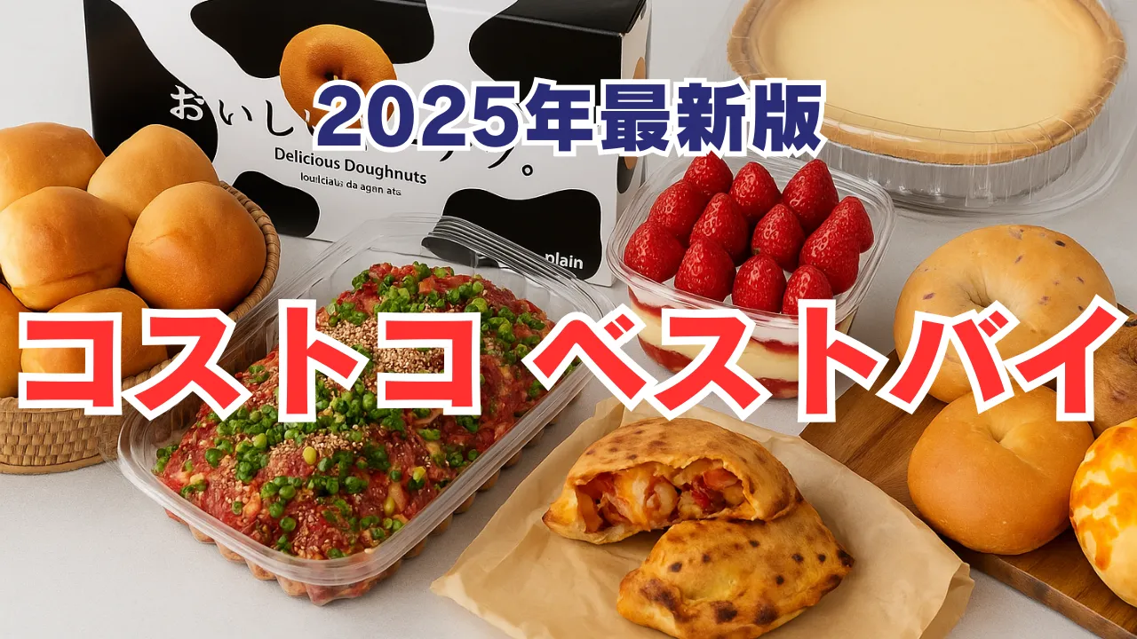 コストコのおすすめベストバイ商品を並べた画像。プルコギビーフ、ベーグル、カルツォーネ、ストロベリースイーツ、チーズタルト、ドーナツなどを陳列。