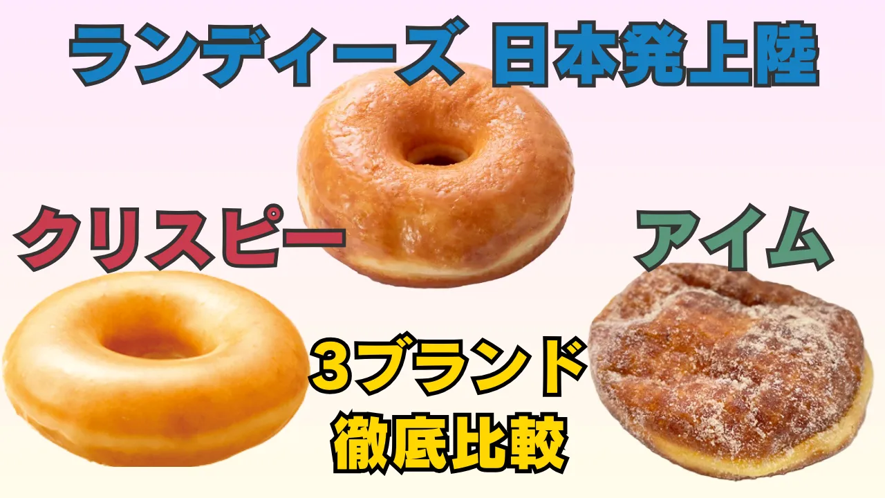 ランディーズドーナツ、クリスピークリームドーナツ、アイムドーナツの3ブランドを並べて比較したアイキャッチ画像。各ブランドを代表するドーナツが中央に配置され、それぞれのブランド名と「3ブランド徹底比較」の文字が目立つ構成。