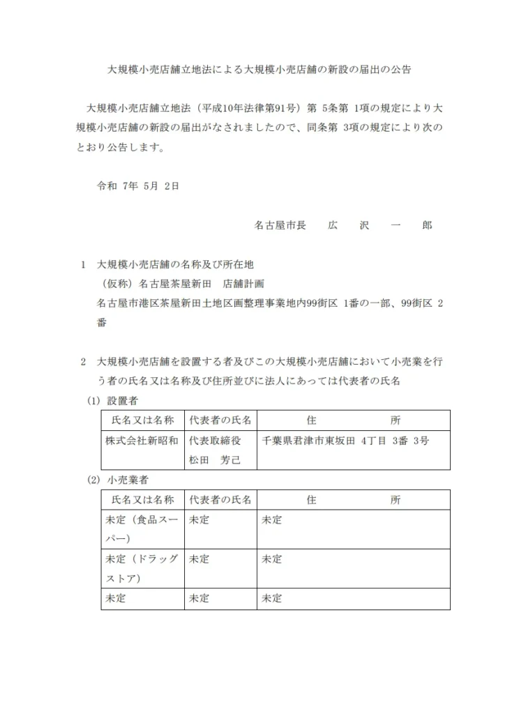 名古屋市が公告した「（仮称）名古屋茶屋新田 店舗計画」の届出文書。所在地は名古屋市港区茶屋新田土地区画整理事業地内99街区で、設置者は株式会社新昭和。小売業者は未定（食品スーパー、ドラッグストア等）と記載されている。