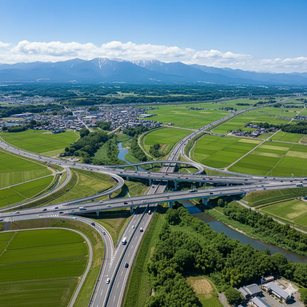 福島県伊達市の堂ノ内地区に近い東北中央自動車道「伊達桑折IC」周辺の空撮イメージ。田園地帯に広がる新緑と交通アクセスの良さを示す写真。