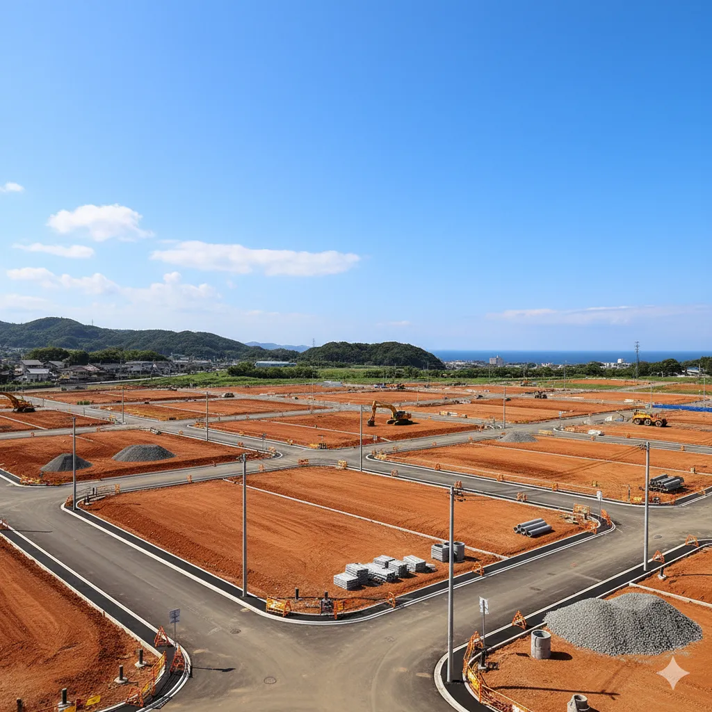 静岡市駿河区・日本平久能山スマートIC南側で進むとされる開発構想をイメージした造成地の風景。区画整理が進む広大な土地の様子。