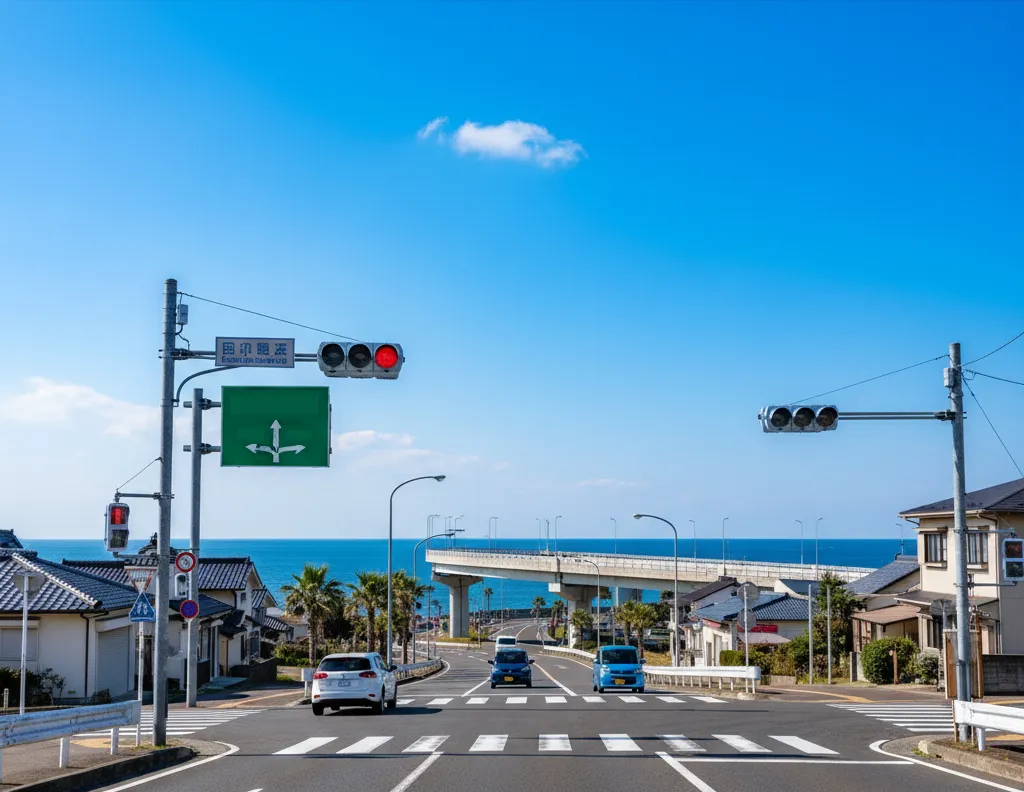 静岡市駿河区の久能街道と日本平久能山スマートIC付近の交通風景。海沿いの穏やかな道路とインターチェンジ出入口を望む景観。