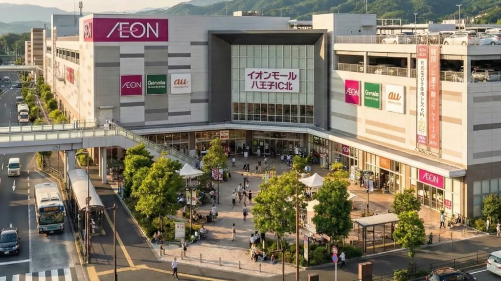 イオンモール八王子IC北の正面入口とバスロータリー周辺を写した画像。バス停に到着する車両や歩行者の様子が見え、商業施設のにぎわいが伝わる構図になっている