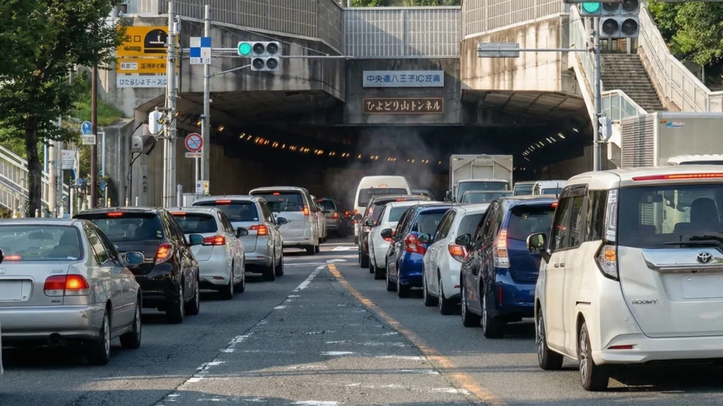 ひよどり山トンネル入口付近で車列が伸び、渋滞が発生している様子を写した画像。中央道八王子IC方面への交通量が多く、時間帯によって混雑しやすい道路状況がわかる