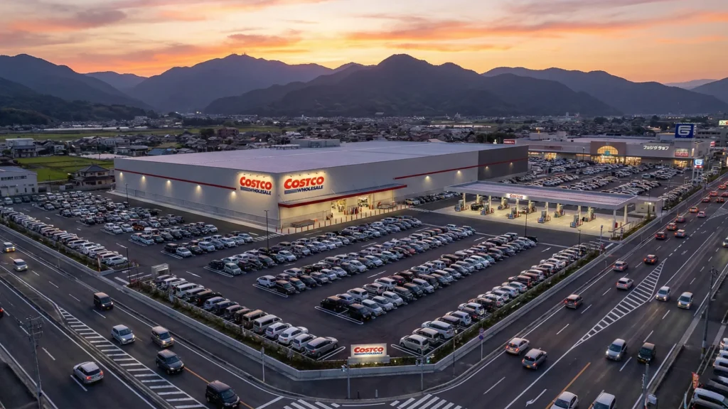 2027年オープン予定のコストコ東温倉庫店(愛媛県)の完成イメージ。夕暮れの山並みを背景に、広大な駐車場とガソリンスタンド、大型店舗、国道11号周辺の交通の様子が描かれている