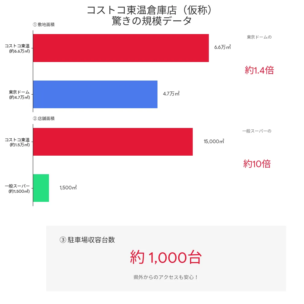 コストコ東温倉庫店(仮称)の敷地面積約6万6,000㎡と店舗面積約1万5,000㎡を示す比較グラフ。敷地は東京ドームの約1.4倍、店舗面積は一般スーパーの約10倍に相当し、大規模店舗であることが視覚的にわかる図