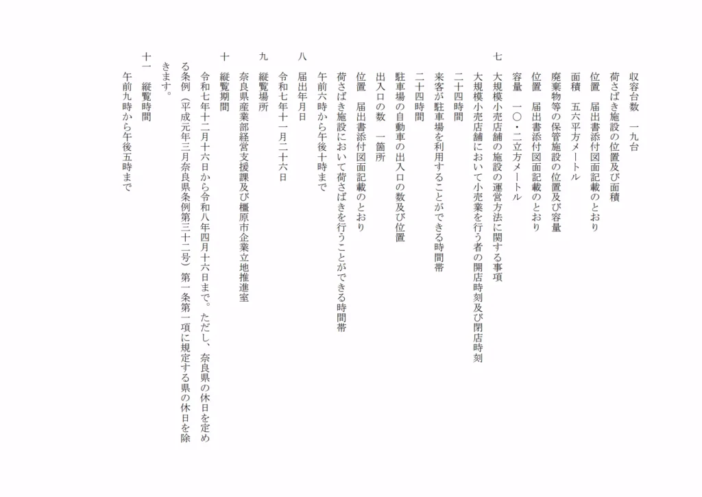 奈良県公報に掲載された「ラ・ムー橿原醍醐店」の施設計画および運営方法に関する届出資料。店舗面積、駐車場台数、荷さばき時間帯、営業時間、縦覧期間などの詳細が記載されている。