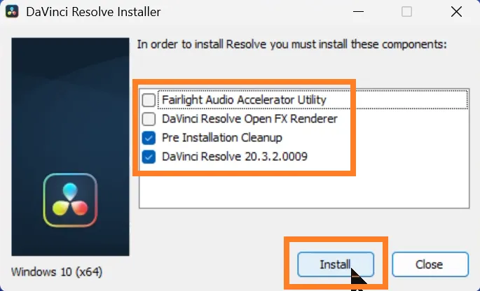 DaVinci Resolve Installer画面で「Pre Installation Cleanup」と「DaVinci Resolve 20.3.2.0009」にチェックが入っていることを確認し、「Install」をクリックする操作