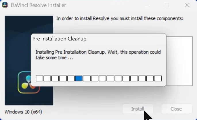 DaVinci Resolve InstallerでPre Installation Cleanupのインストールが進行している画面(インストール中の進行状況表示)