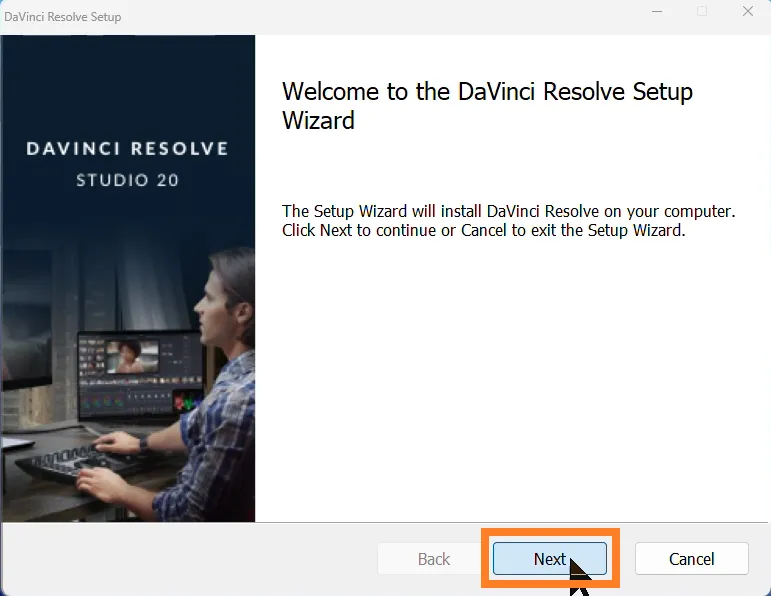 DaVinci Resolve Setup Wizard の「Welcome」画面です。
「Next」をクリックしてインストールを進める状態です。