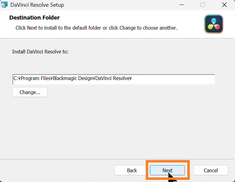 Destination Folder(インストール先)の確認画面です。
既定の保存先を確認し、「Next」をクリックして進む状態です。