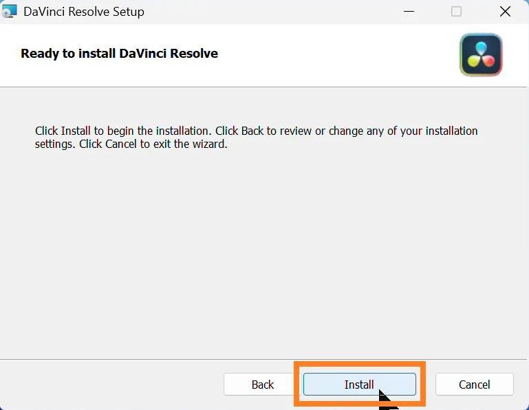 Ready to install DaVinci Resolve の最終確認画面です。
「Install」をクリックしてインストールを開始する状態です。