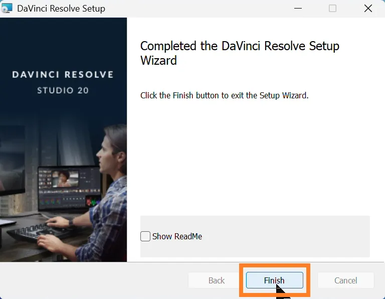 Completed the DaVinci Resolve Setup Wizard の完了画面です。
「Finish」をクリックしてセットアップを終了する状態です。