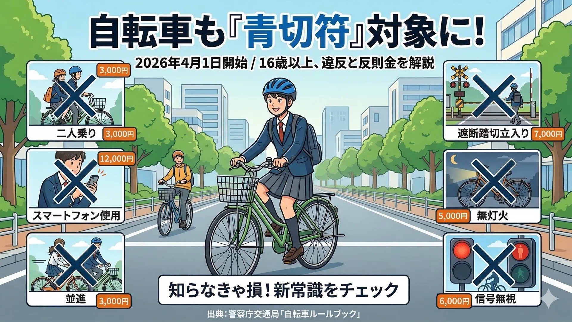2026年4月開始の自転車青切符制度をテーマに、二人乗り・スマホ使用・並進・無灯火・信号無視・遮断踏切立ち入りなどの違反例と反則金を図解したアイキャッチ画像
