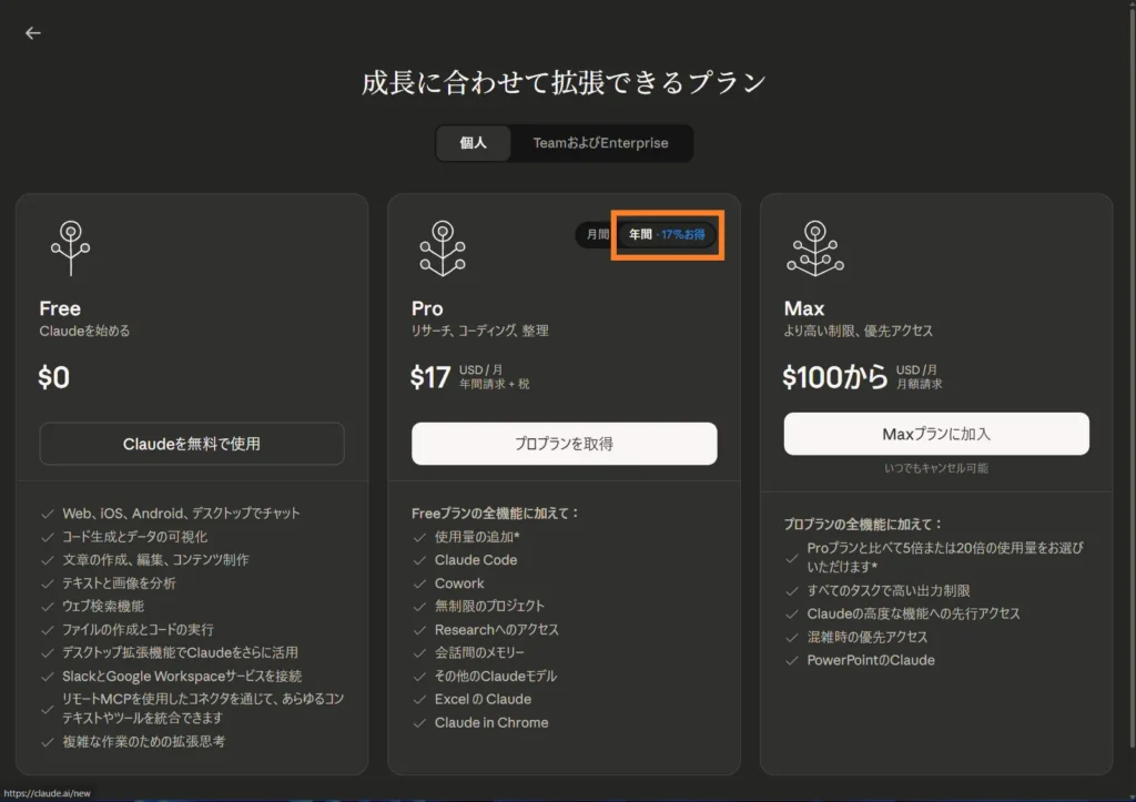 Claude Proプランの年間プラン（17%お得）を選択している画面