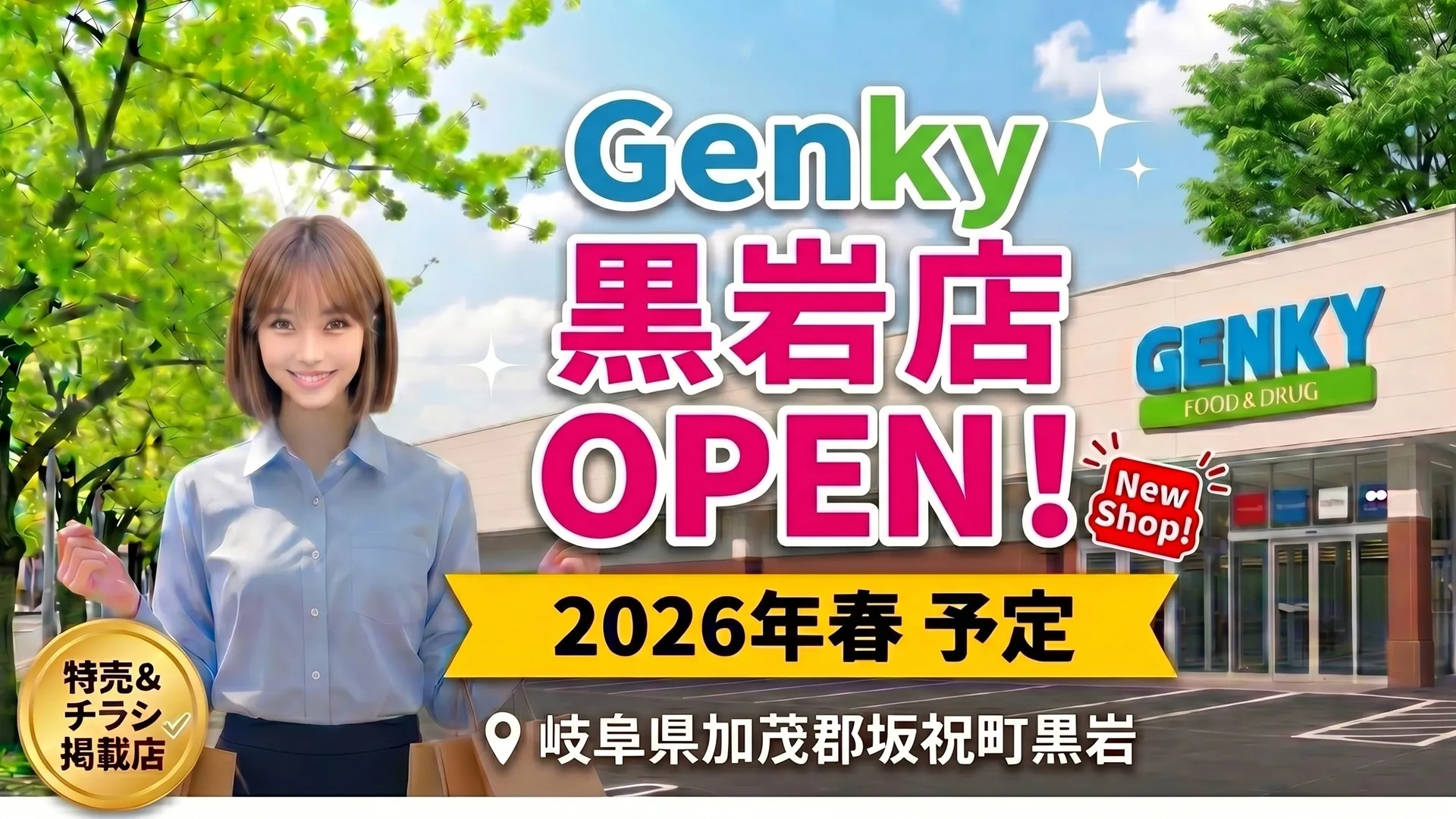 2026年春に岐阜県加茂郡坂祝町黒岩にオープン予定のドラッグストア「ゲンキー 黒岩店」のアイキャッチ画像。店舗外観イメージと最新チラシ・特売情報の案内。