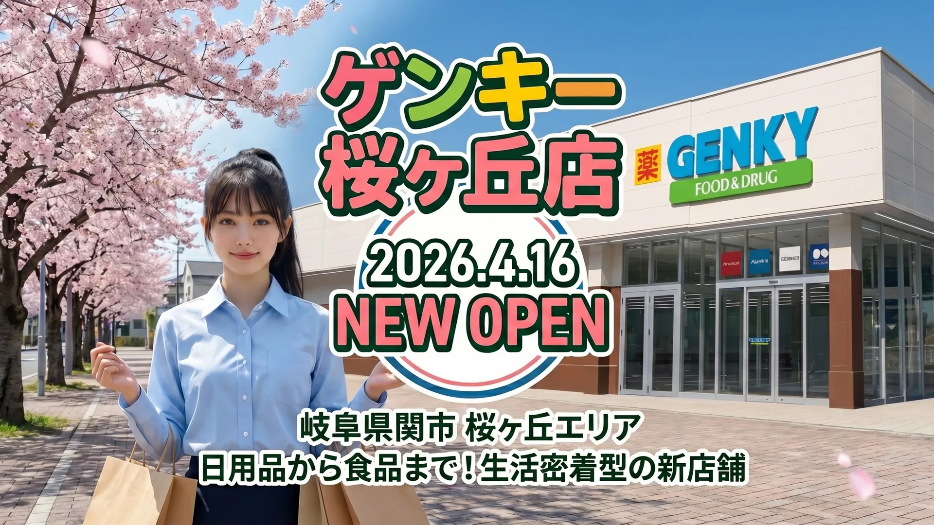 2026年4月16日に岐阜県関市にオープンする「ゲンキー桜ヶ丘店」の告知アイキャッチ。満開の桜並木と青空を背景に、最新の店舗外観イメージと、買い物袋を持った美しい女性、そして「2026.4.16 NEW OPEN」の文字が配置された、生活感あふれる実写風のデザイン。