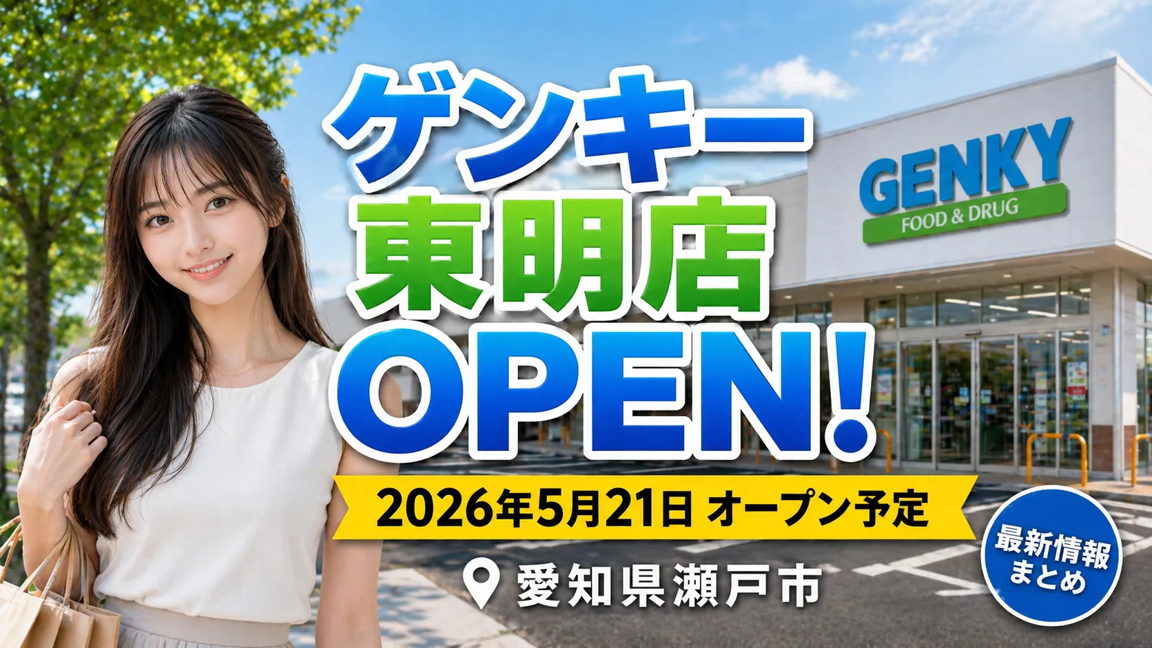 ゲンキー東明店が2026年5月21日に愛知県瀬戸市でオープン予定であることを伝えるアイキャッチ画像
