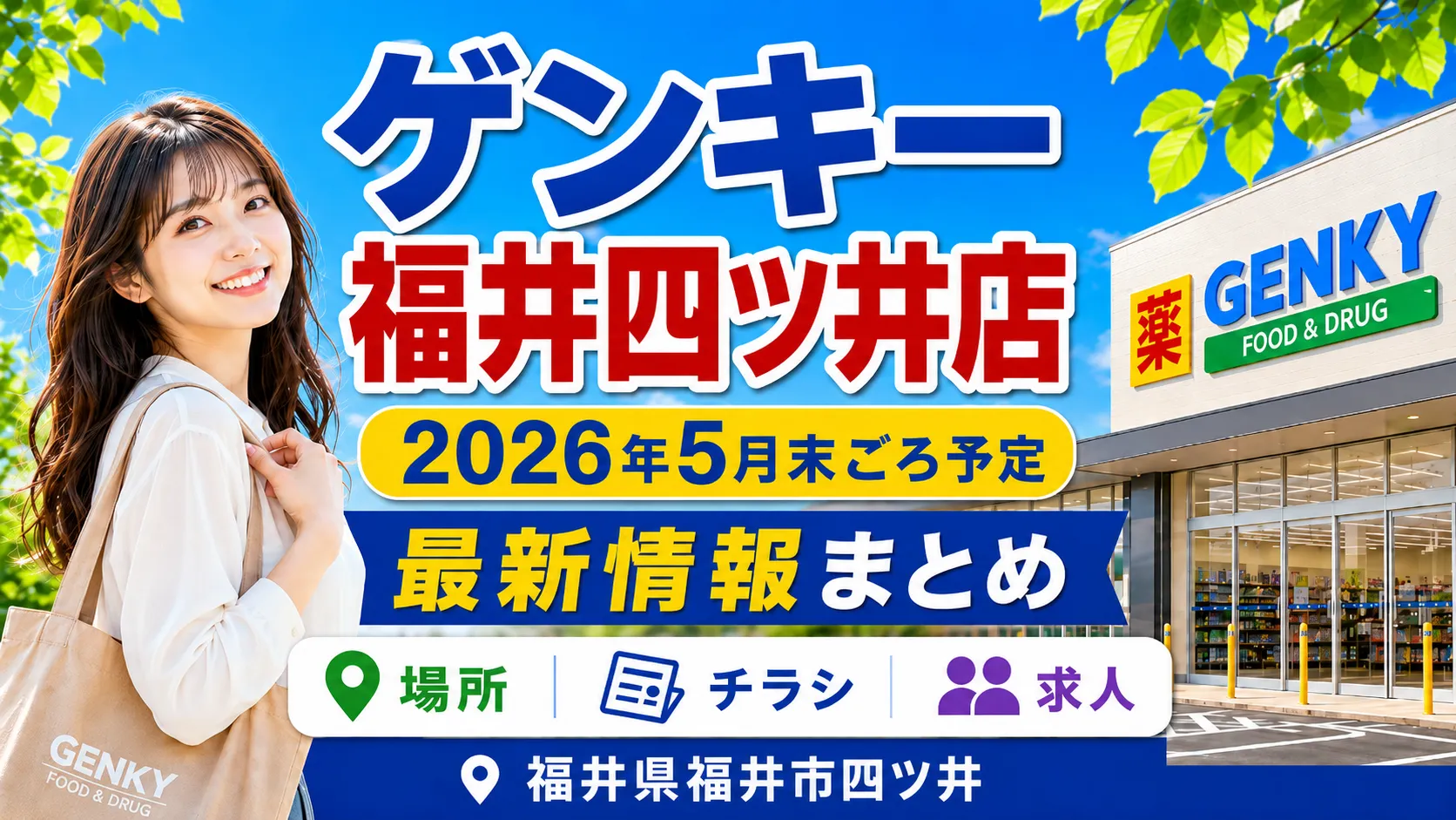 ゲンキー福井四ツ井店が2026年5月末ごろにオープン予定であることを伝えるアイキャッチ画像です。福井県福井市四ツ井の新店舗について、場所・チラシ・求人情報をまとめていることを、店舗外観イメージと買い物客の人物イラストで表現しています。