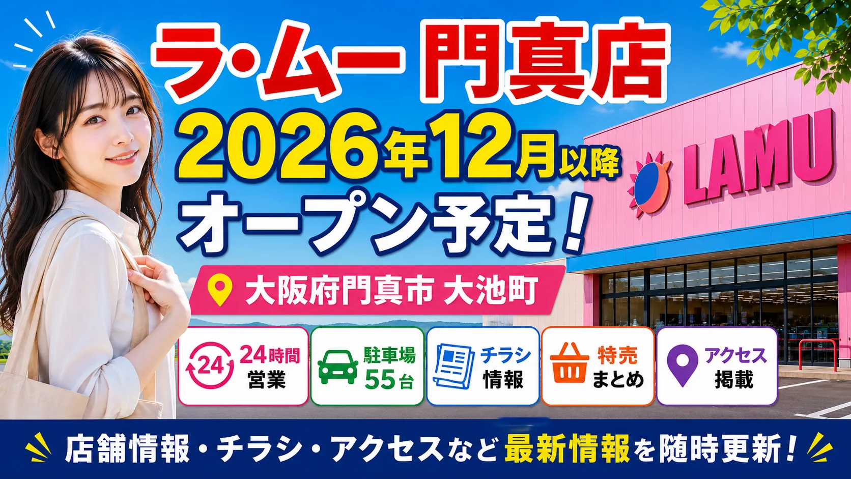 ラ・ムー門真店が大阪府門真市大池町に2026年12月以降オープン予定であることを伝えるアイキャッチ画像。店舗外観イメージと買い物客、チラシ・特売・アクセス・駐車場情報をまとめて表現している。