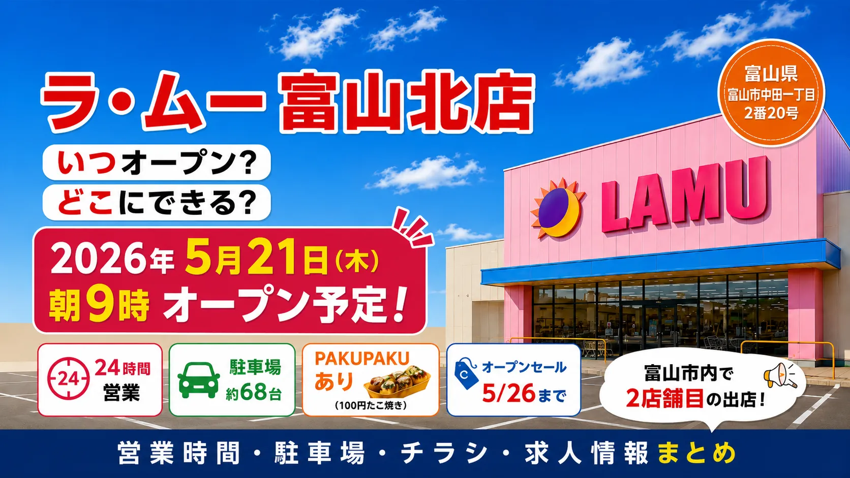 ラ・ムー富山北店が2026年5月21日朝9時にオープン予定であることを伝えるアイキャッチ画像。富山県富山市中田一丁目の出店情報や24時間営業、PAKUPAKU、オープンセール情報をまとめて紹介している。