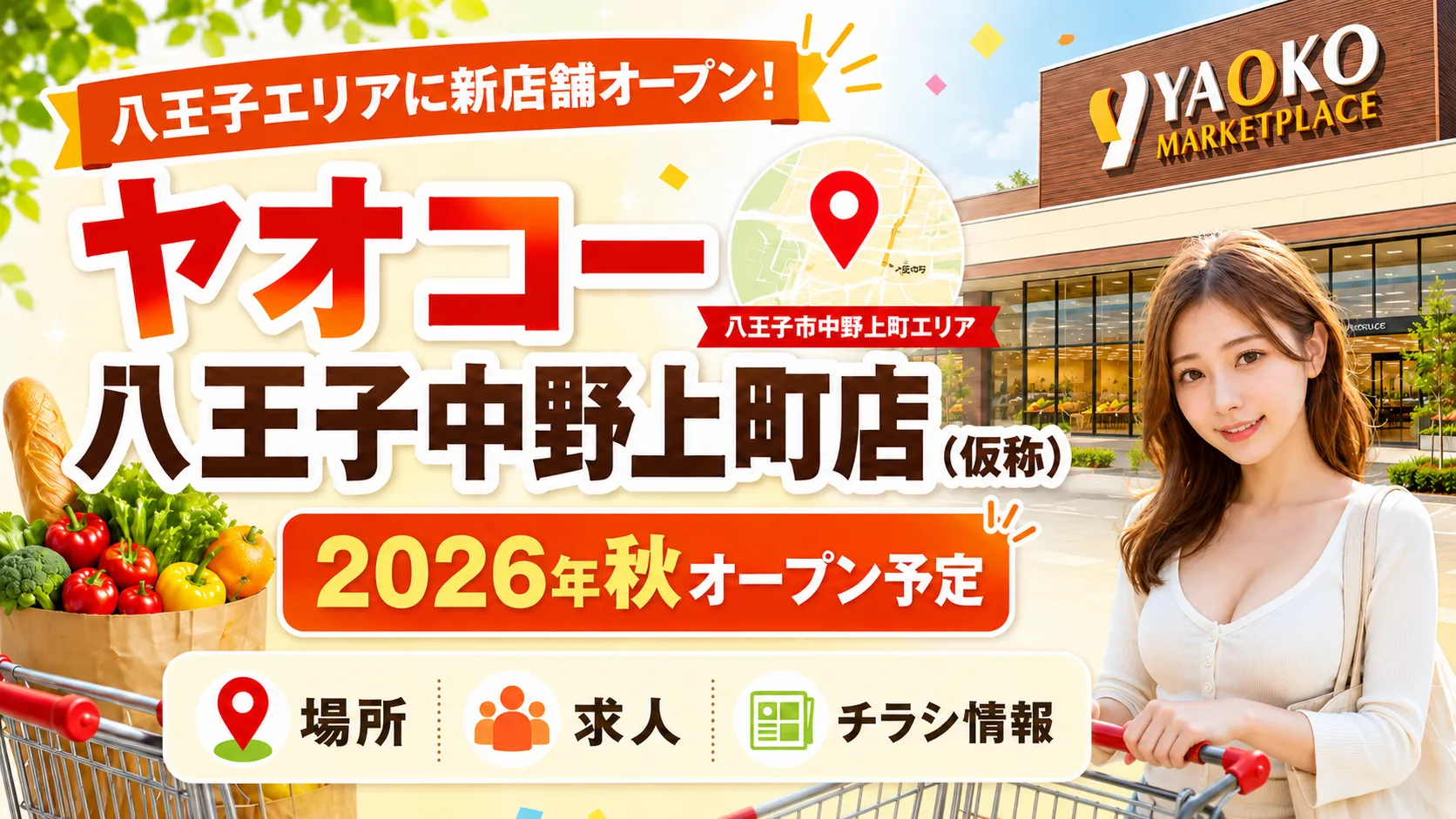 ヤオコー八王子中野上町店（仮称）の2026年秋オープン予定を紹介するアイキャッチ画像。店舗外観や地図、買い物客のイメージとともに、場所・求人・チラシ情報を表現している。