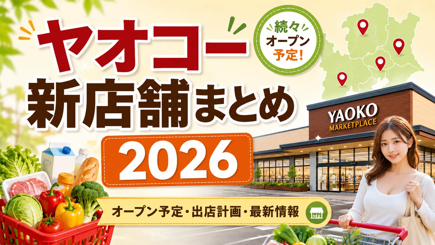 ヤオコーの新店舗まとめ2026を紹介するアイキャッチ画像。店舗外観や地図、買い物客のイメージとともに、オープン予定・出店計画・最新情報を表現している。