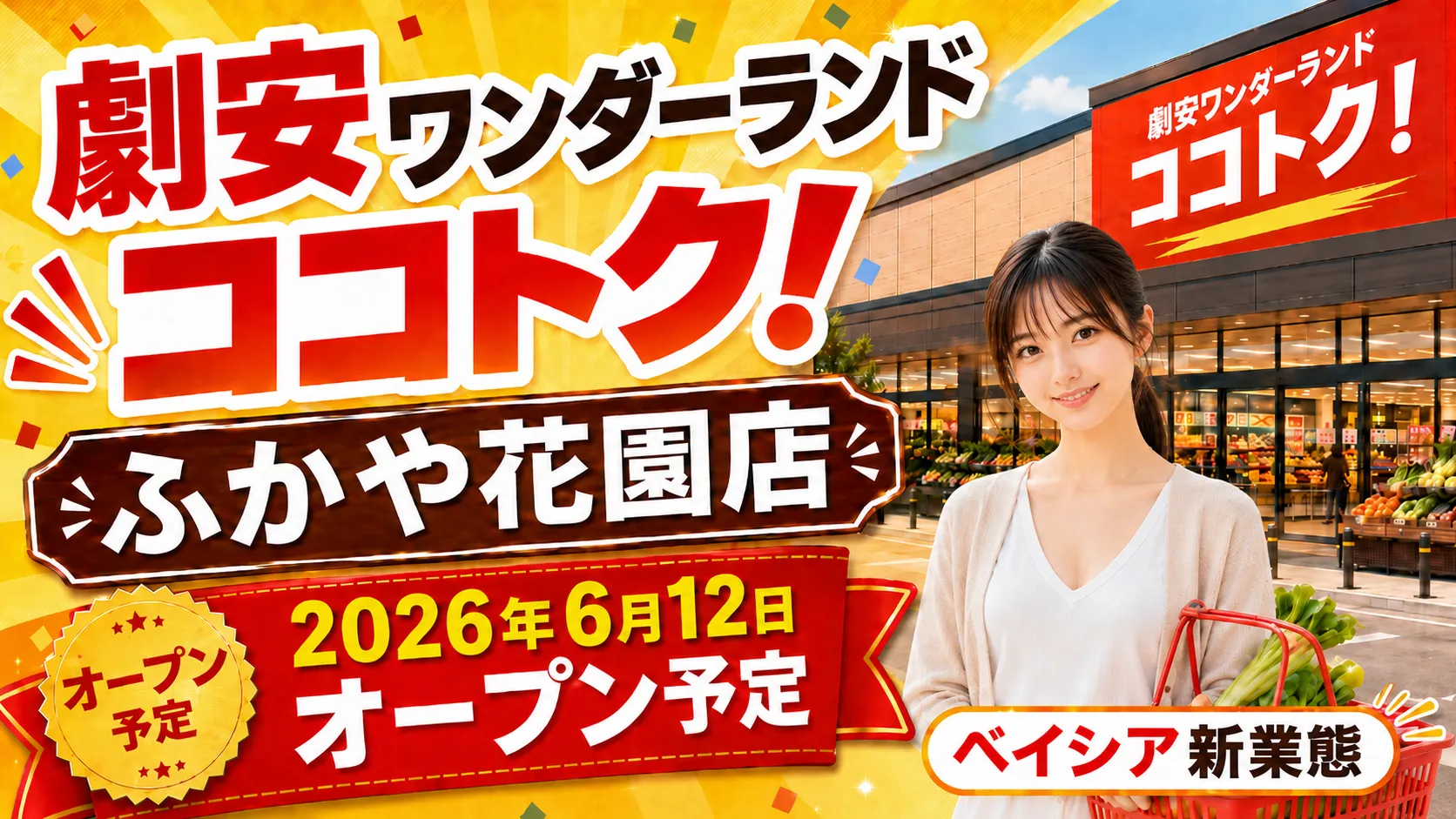 劇安ワンダーランド ココトク！ふかや花園店が2026年6月12日にオープン予定であることを、店舗外観風の背景、ベイシア新業態の文字で紹介するアイキャッチ画像。