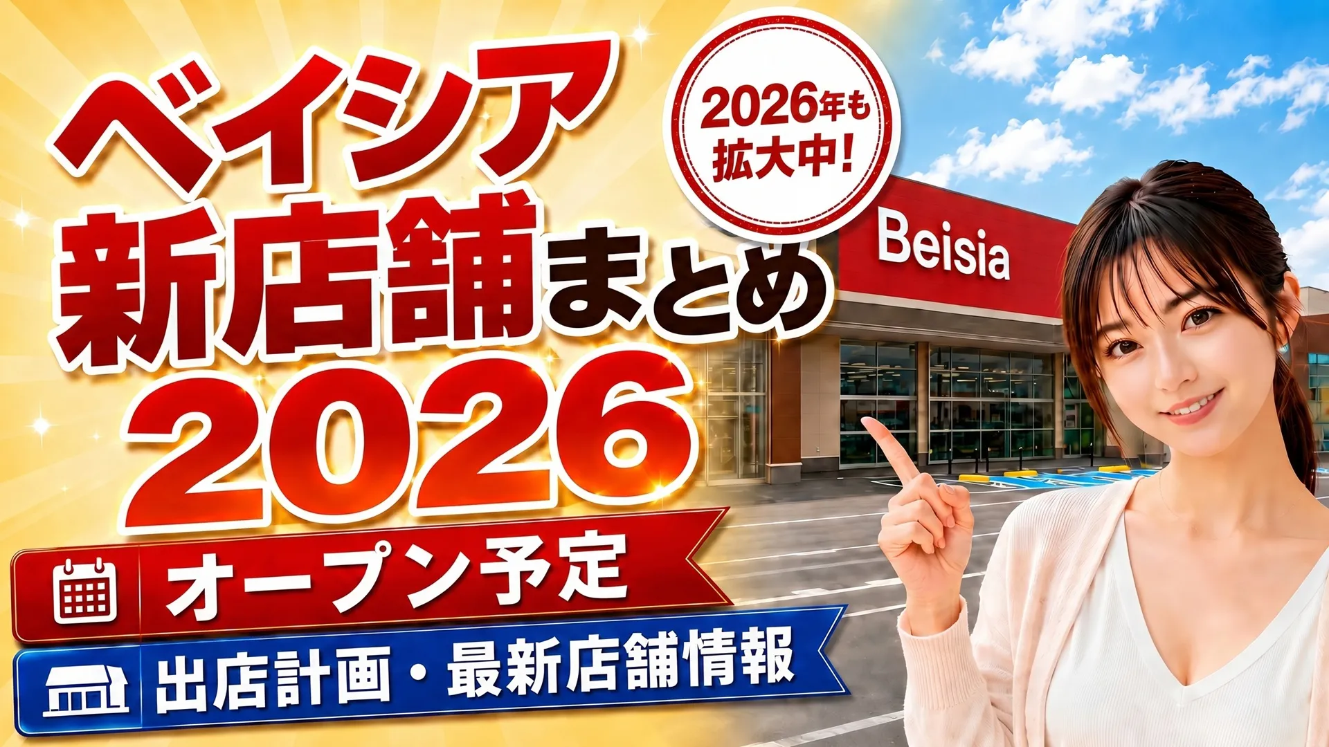 ベイシア新店舗まとめ2026のアイキャッチ画像。ベイシア店舗外観、オープン予定・出店計画・最新情報を紹介。