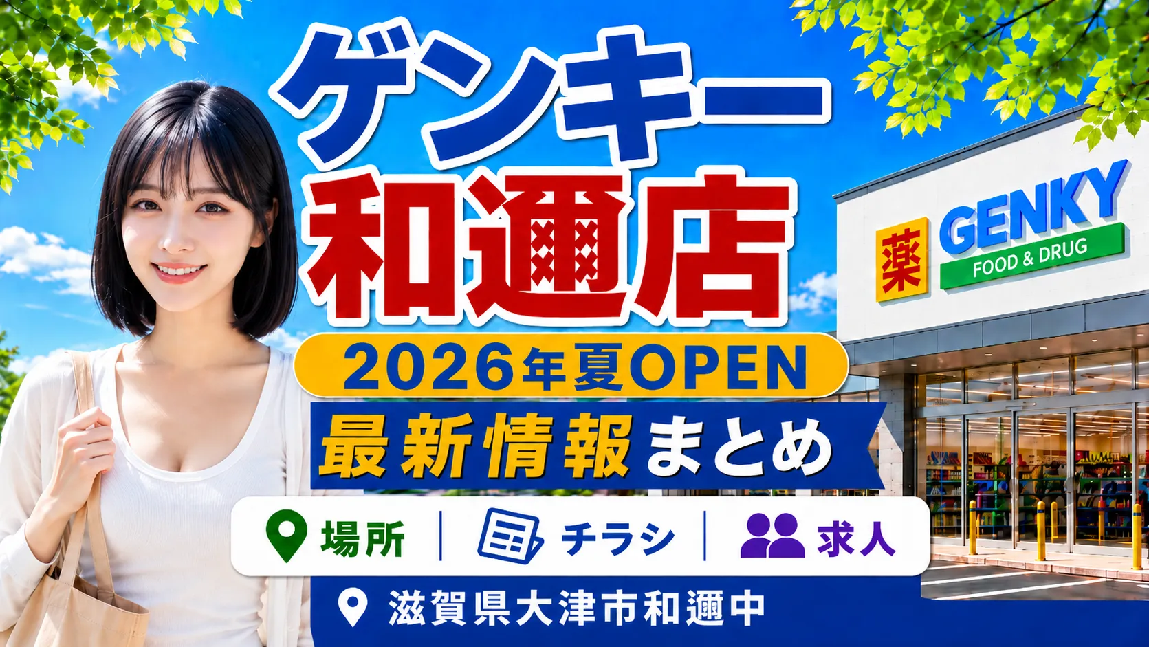 ゲンキー和邇店の2026年夏オープン予定を知らせるアイキャッチ画像。場所・チラシ・求人情報をまとめた案内デザイン。