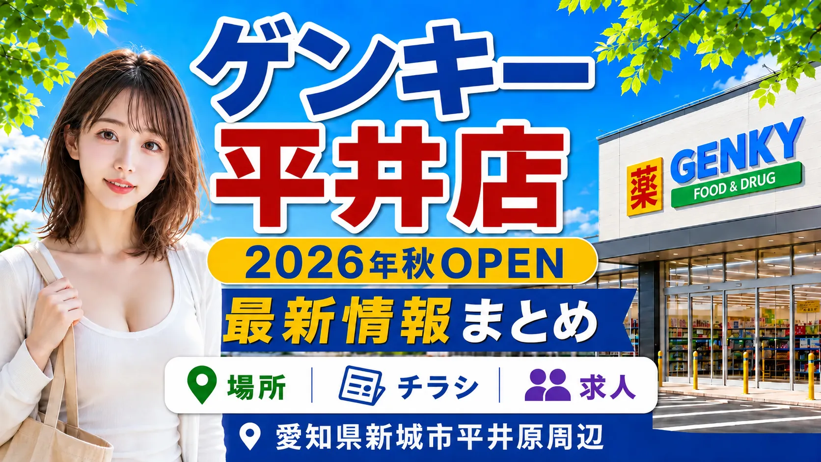 ゲンキー平井店の2026年秋オープン予定と新城市平井原周辺の場所・チラシ・求人情報まとめを伝えるアイキャッチ画像