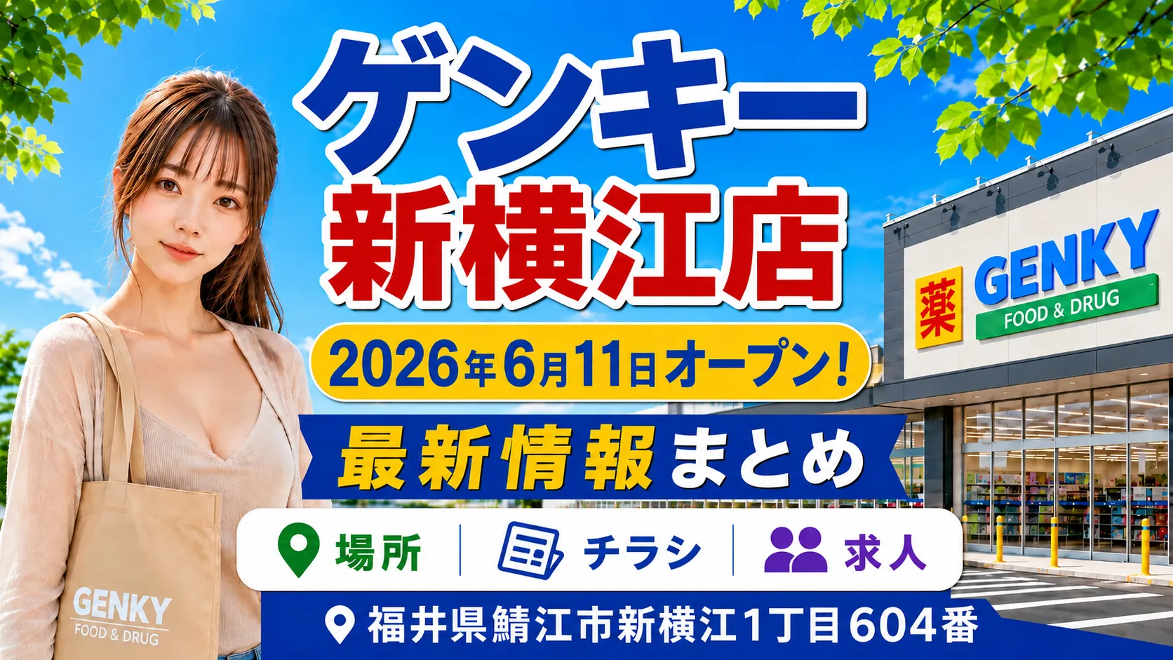 ゲンキー新横江店のオープン日・場所・チラシ・求人情報をまとめたアイキャッチ画像。福井県鯖江市新横江1丁目604番に2026年6月11日オープン。