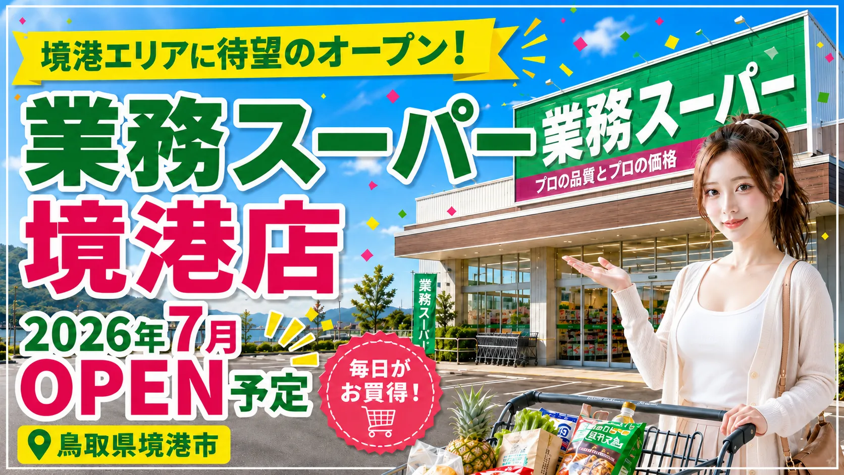 業務スーパー境港店が2026年7月にオープン予定であることを伝えるアイキャッチ画像