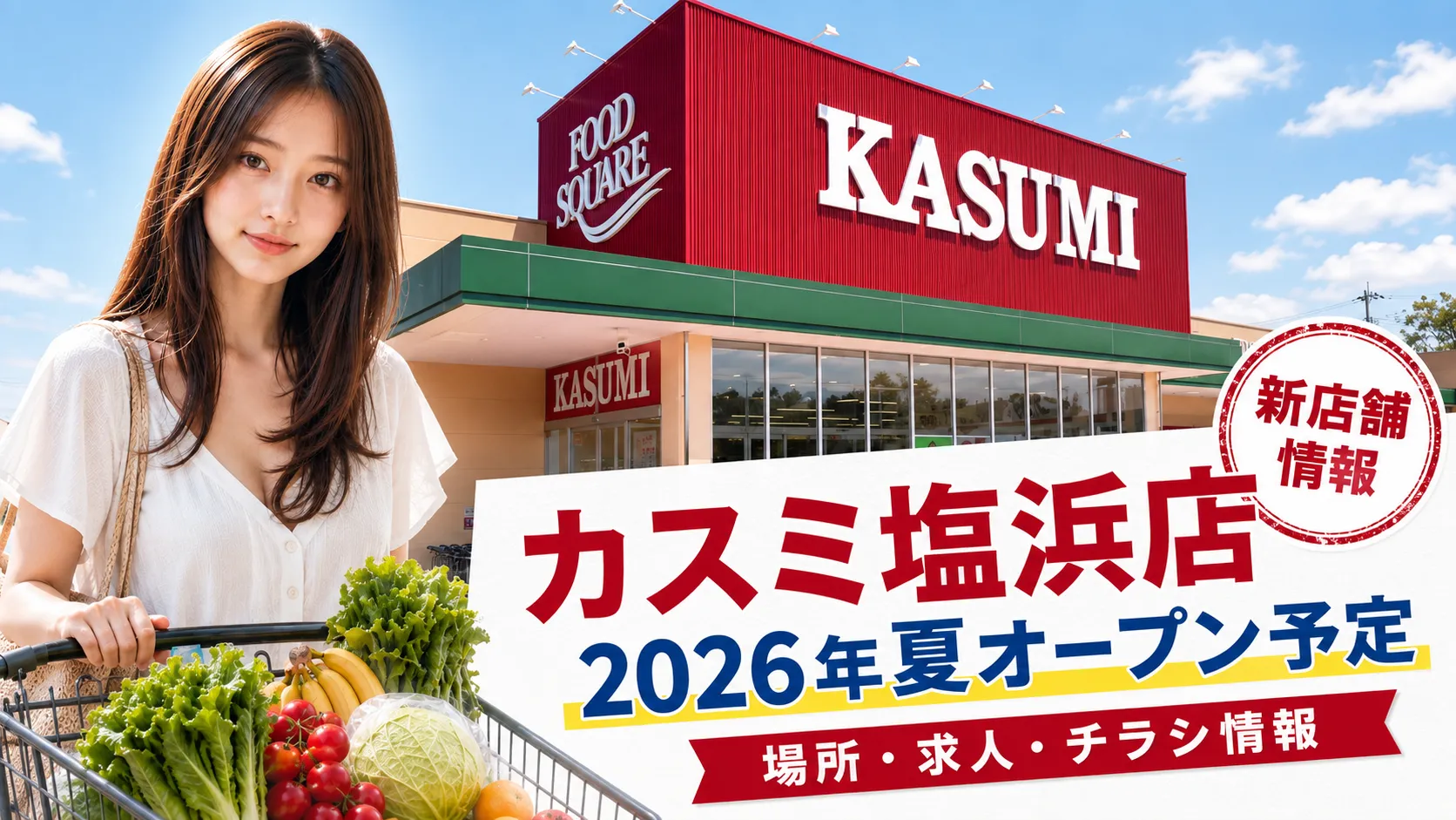 カスミ塩浜店の店舗外観と、2026年夏オープン予定を知らせるアイキャッチ画像