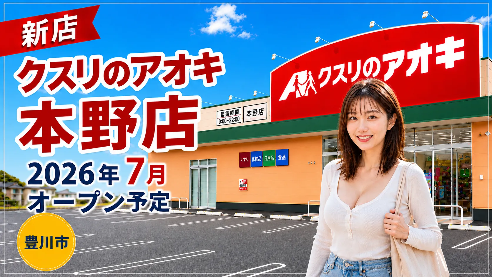 クスリのアオキ本野店が愛知県豊川市に2026年7月オープン予定であることを知らせるアイキャッチ画像
