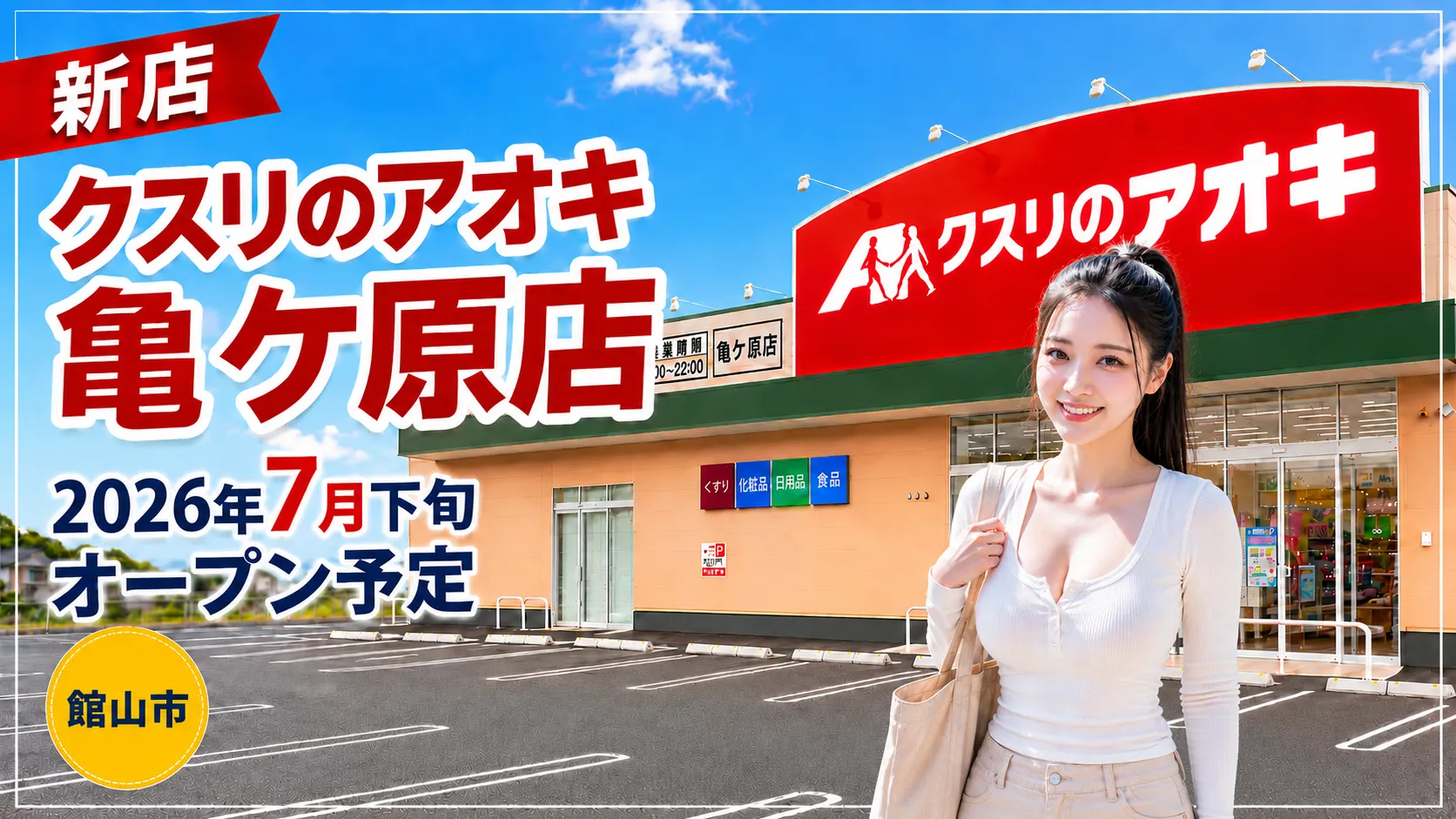 クスリのアオキ亀ケ原店が館山市に2026年7月下旬オープン予定であることを伝える店舗外観イメージ画像