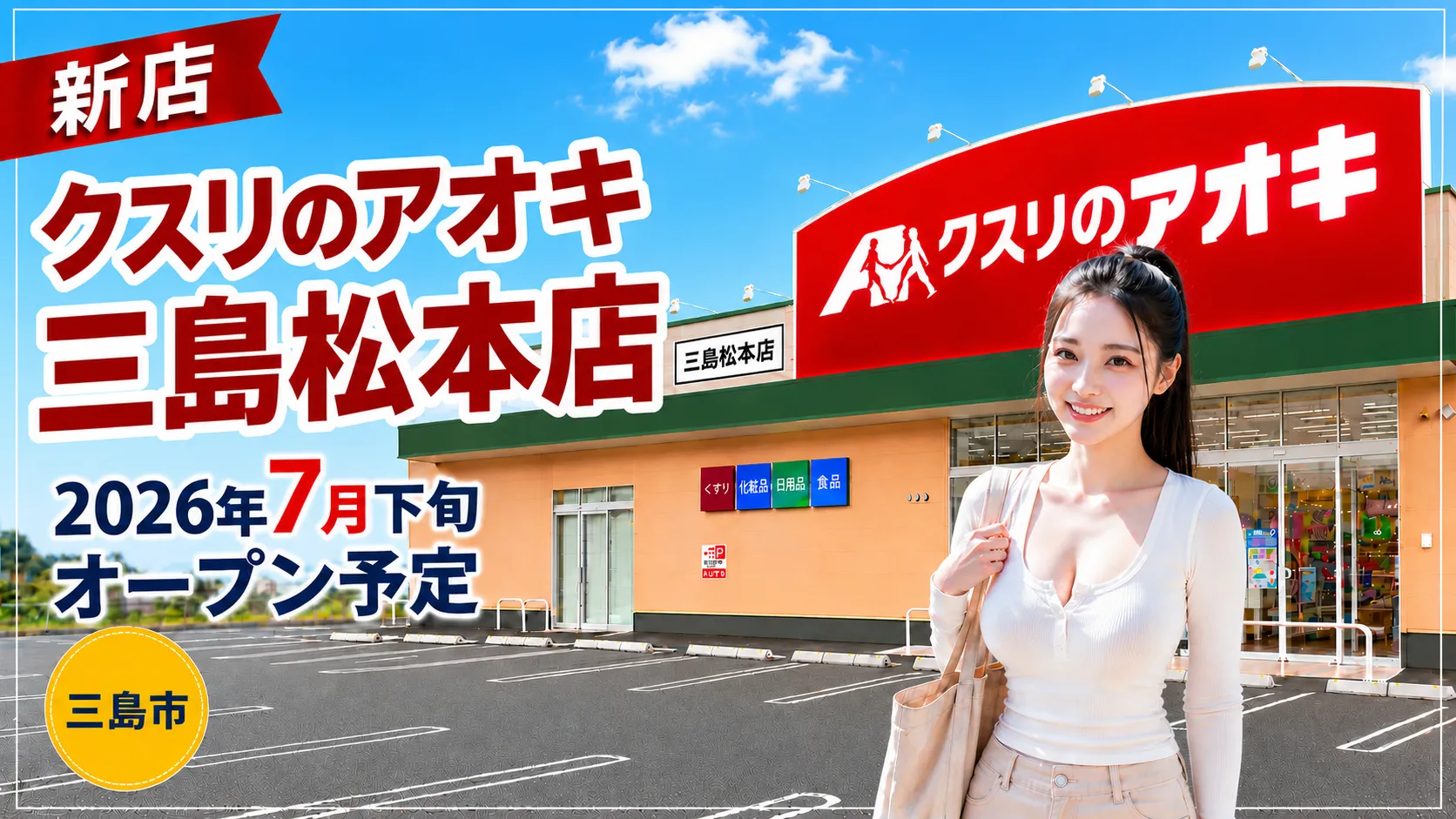 クスリのアオキ三島松本店の新店オープン告知アイキャッチ。2026年7月下旬オープン予定、三島市、店舗外観イメージ。