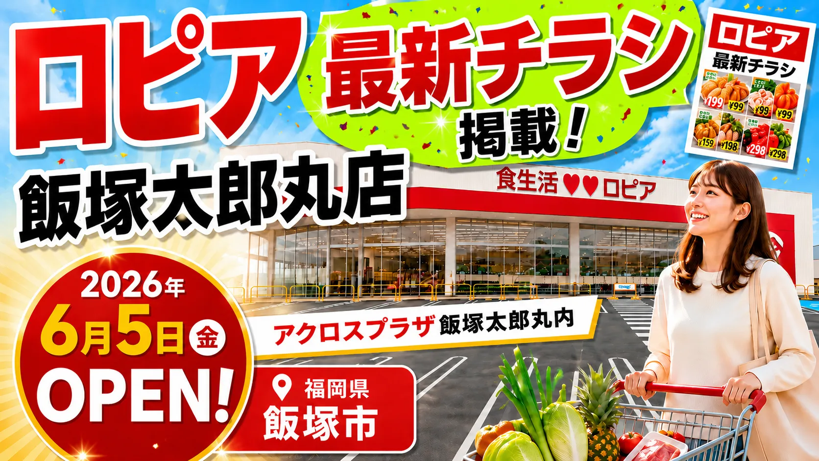 ロピア飯塚太郎丸店が福岡県飯塚市のアクロスプラザ飯塚太郎丸内に2026年6月5日オープンし、最新チラシ掲載を案内するアイキャッチ画像。