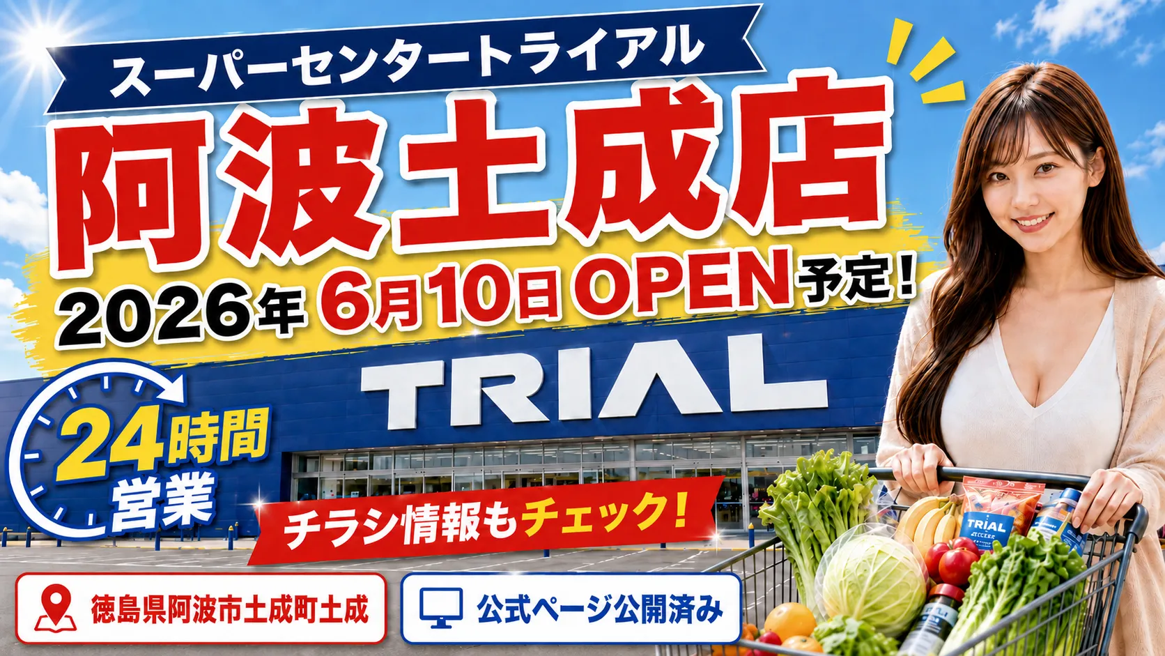 スーパーセンタートライアル阿波土成店が徳島県阿波市土成町土成に2026年6月10日オープン予定で、24時間営業やチラシ情報の確認を案内するアイキャッチ画像。