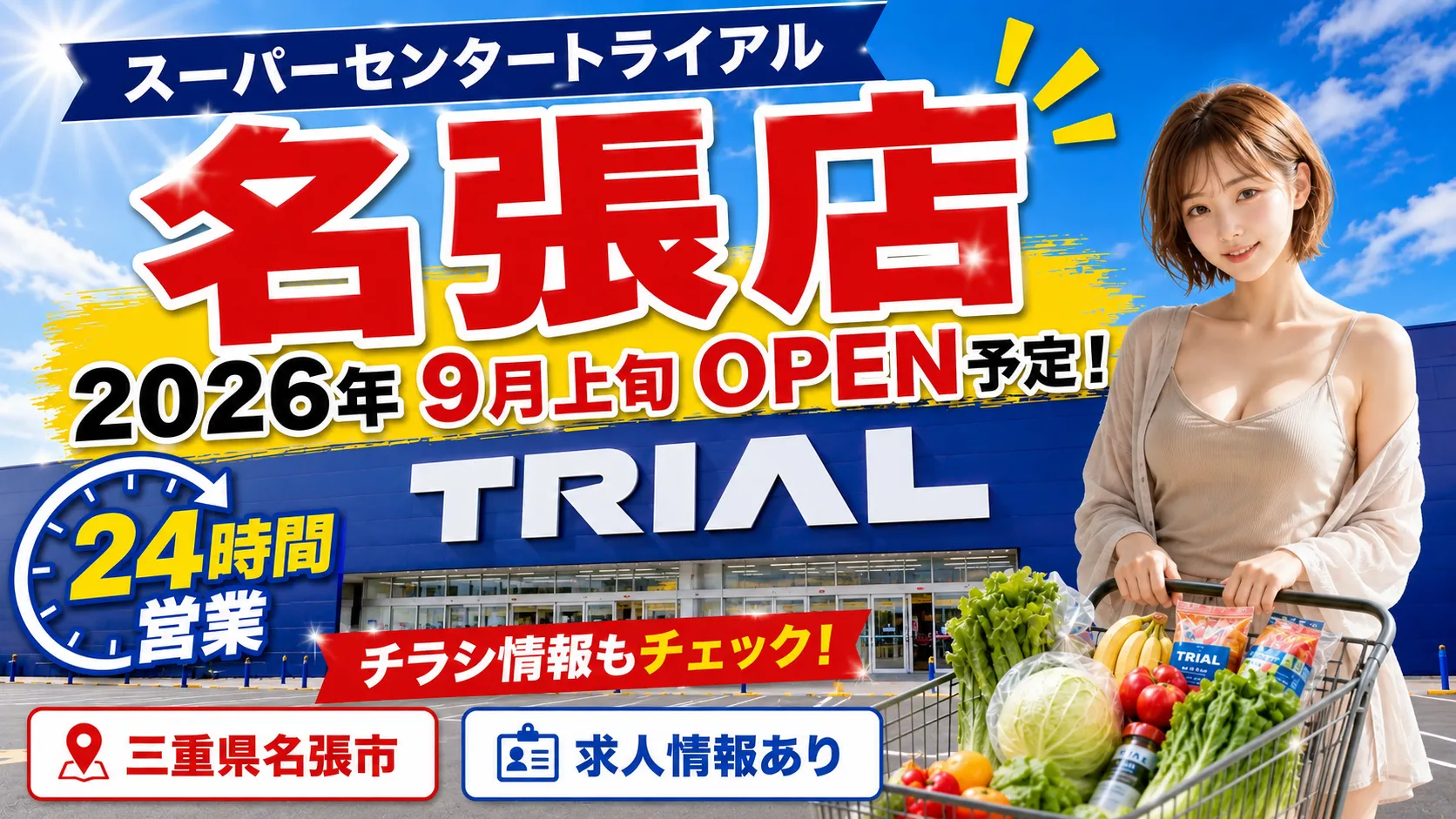 スーパーセンタートライアル名張店が2026年9月上旬オープン予定であることを伝える、店舗外観と買い物カートを押す女性のアイキャッチ画像