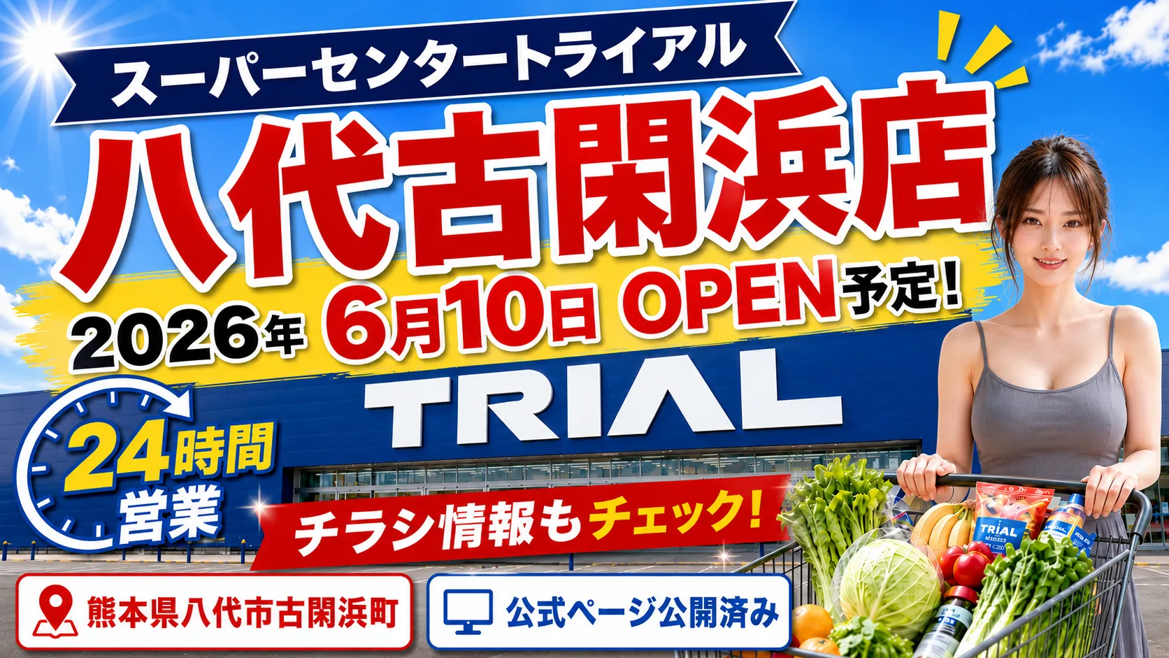 スーパーセンタートライアル八代古閑浜店の2026年6月10日オープン予定を知らせるアイキャッチ画像で、24時間営業やチラシ情報、熊本県八代市古閑浜町の店舗情報が大きく表示されています。