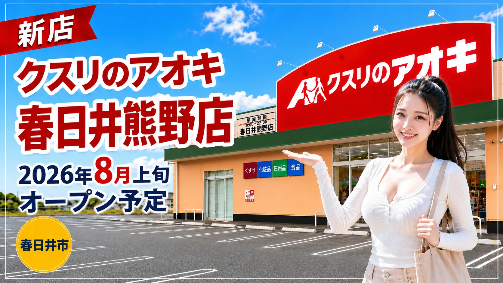 クスリのアオキ春日井熊野店の2026年8月上旬オープン予定を案内するアイキャッチ画像