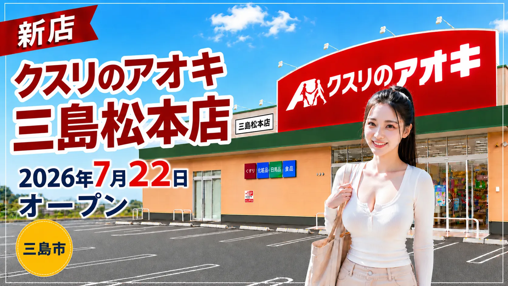 クスリのアオキ三島松本店の新店オープン告知アイキャッチ。2026年7月22日オープン、三島市、店舗外観イメージ。