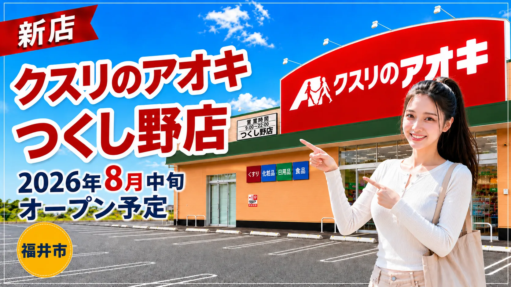 クスリのアオキつくし野店の新店オープン告知アイキャッチ。2026年8月中旬オープン予定、福井市、店舗外観イメージ。