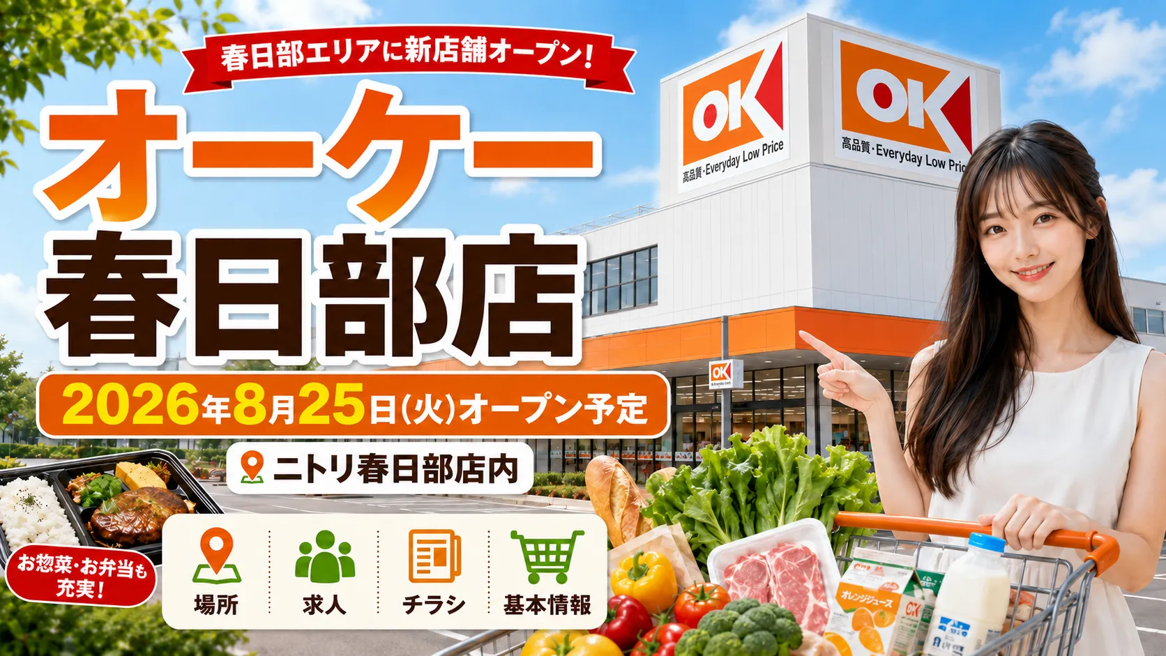 オーケー春日部店が2026年8月25日にニトリ春日部店内へオープン予定と伝えるアイキャッチ画像