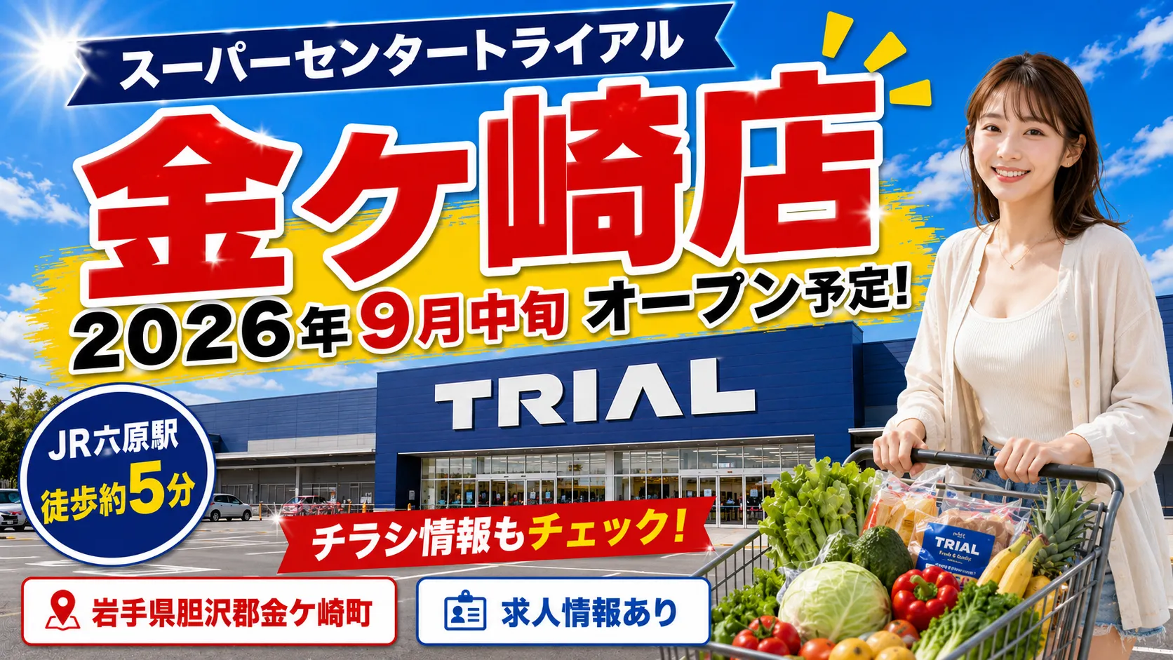 スーパーセンタートライアル金ヶ崎店の2026年9月中旬オープン予定を案内するアイキャッチ画像。岩手県胆沢郡金ケ崎町の場所、JR六原駅から徒歩約5分、チラシ・求人情報を紹介。