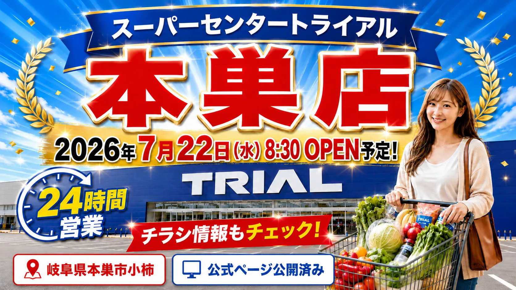 スーパーセンタートライアル本巣店が2026年7月22日（水）8:30にオープン予定であることを案内するアイキャッチ画像