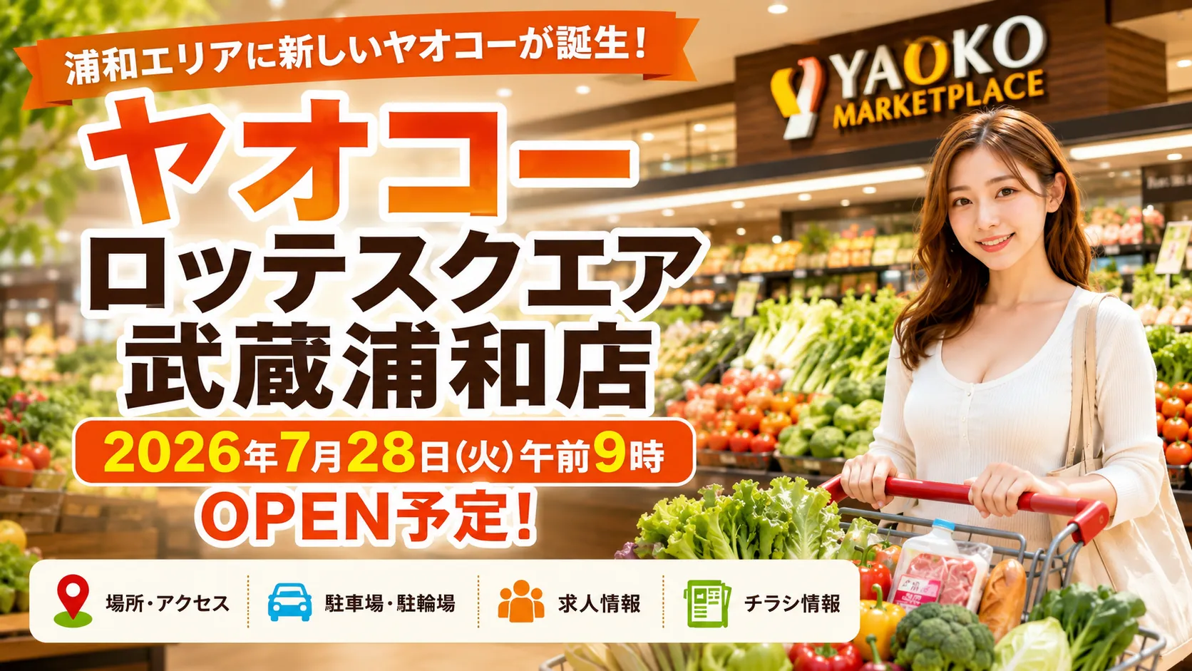 ヤオコーロッテスクエア武蔵浦和店が2026年7月28日午前9時にオープン予定であることを紹介するアイキャッチ画像。店内の青果売場と買い物客、場所・駐車場・求人・チラシ情報を掲載している。